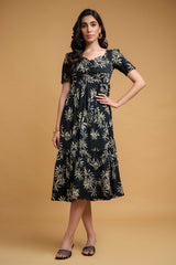 Black-Yellow Poly Lycra Regular Sleeve Leaf Print Dress