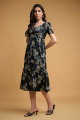Black-Yellow Poly Lycra Regular Sleeve Leaf Print Dress