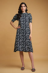 Black White Wrinkle Satin Abstract Cuff Sleeve Dress