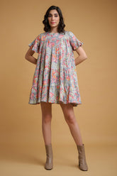 olive Green Pink Poly Crepe Floral Print Ruffle Sleeve Dress