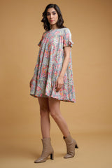 olive Green Pink Poly Crepe Floral Print Ruffle Sleeve Dress