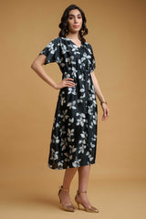 Black Georgette Satin V Neck Regular Sleeve Leaf Print Calf Length Dress