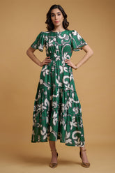 Green Poly Rayon Leaf Print Regular Sleeve Dress