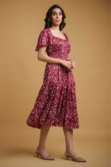 Maroon Poly Crepe Ruffle Sleeve Floral Print Dress