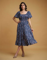 Blue Poly Crepe Ruffle Sleeve Floral Print Dress