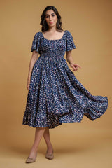 Blue Poly Crepe Ruffle Sleeve Floral Print Dress