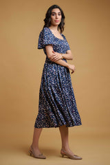 Blue Poly Crepe Ruffle Sleeve Floral Print Dress