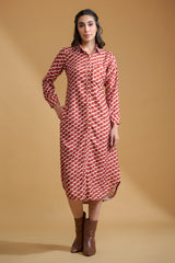 Maroon Poly Rayon Square Cuff Sleeve Dress