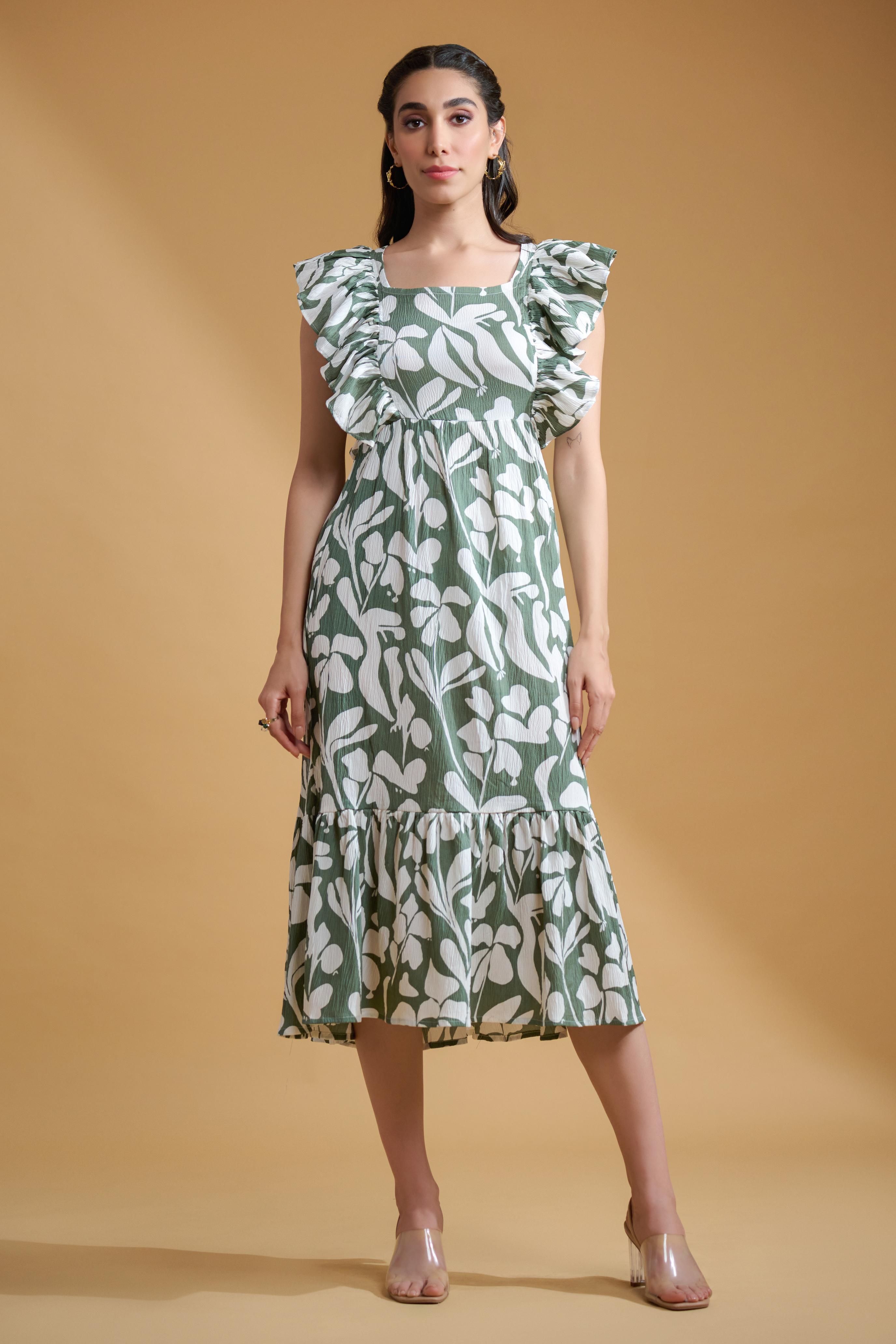 Sea Green Poly Crepe Floral Print Ruffle Sleeve Dress