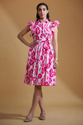 Pink Poly Rayon Leaf Print Ruffle Sleeve Dress