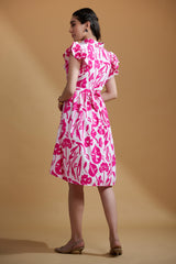 Pink Poly Rayon Leaf Print Ruffle Sleeve Dress