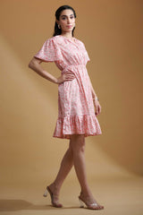 Peach pink Poly Crepe Ruffle Sleeve Floral Print Dress