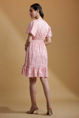 Peach pink Poly Crepe Ruffle Sleeve Floral Print Dress