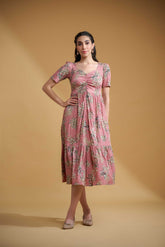 Peach pink Poly Lycra Regular Sleeves Floral Print Dress
