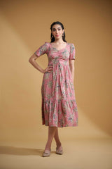 Peach pink Poly Lycra Regular Sleeves Floral Print Dress