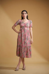 Peach pink Poly Lycra Regular Sleeves Floral Print Dress