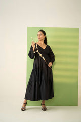 Black Poly Cotton Bishop Sleeves Dress