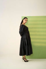 Black Poly Cotton Bishop Sleeves Dress