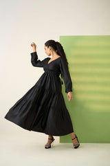 Black Poly Cotton Bishop Sleeves Dress