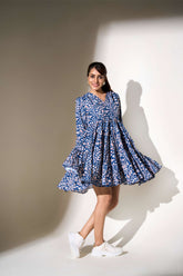 Blue Poly Crepe Elastic Gathered Floral Print Dress