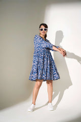 Blue Poly Crepe Elastic Gathered Floral Print Dress