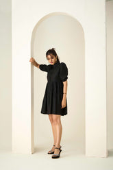 Black Poly Cotton Puff Sleeves Self Design Dress