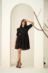 Black Poly Cotton Puff Sleeves Self Design Dress