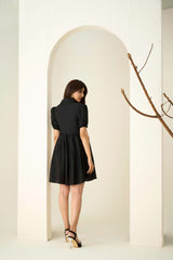 Black Poly Cotton Puff Sleeves Self Design Dress