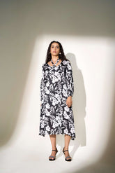 Black-White Poly Satin Gathered cuff Floral Print Dress