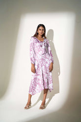 White-Lavender Poly Satin Gathered cuff Floral Print Dress