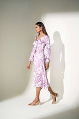 White-Lavender Poly Satin Gathered cuff Floral Print Dress