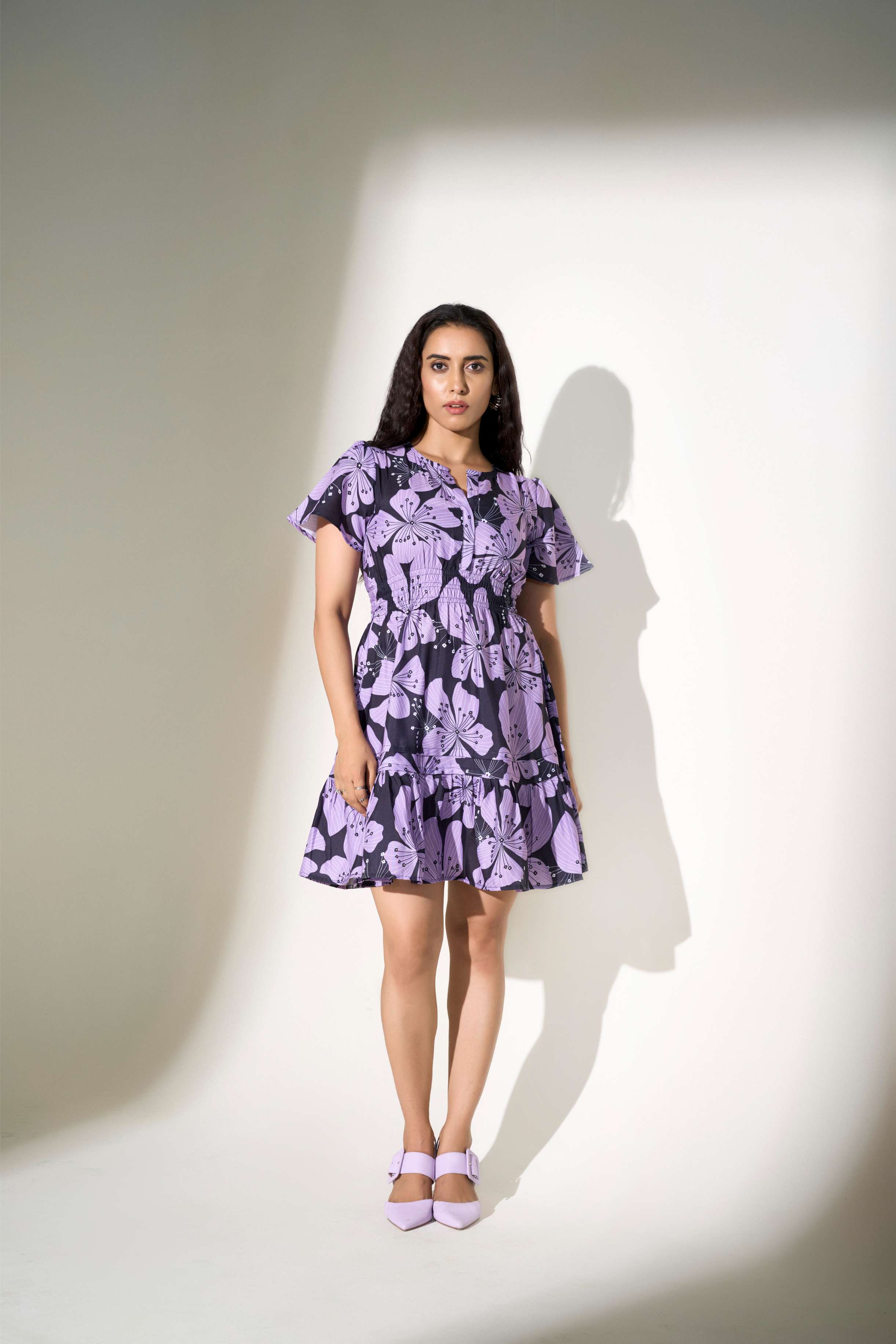 Lavender Poly Rayon Flutter sleeves Floral Print Dress