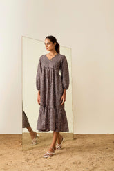 Brown Poly Crepe Balloon Sleeves Floral Print Dress