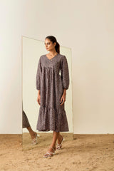 Brown Poly Crepe Balloon Sleeves Floral Print Dress