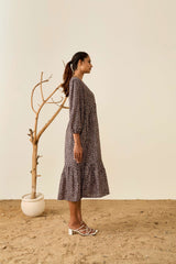 Brown Poly Crepe Balloon Sleeves Floral Print Dress