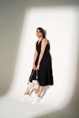 Black Crepe Panelled Midi Dress