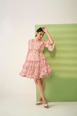 Peach Georgette Flared Sleeves Floral Print Dress