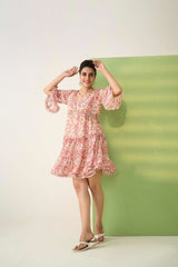 Peach Georgette Flared Sleeves Floral Print Dress