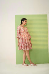 Peach Georgette Flared Sleeves Floral Print Dress