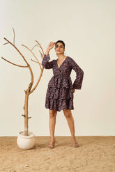 Black Poly Crepe Flared Sleeves Floral Print Dress