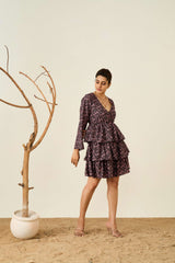 Black Poly Crepe Flared Sleeves Floral Print Dress