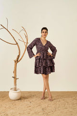 Black Poly Crepe Flared Sleeves Floral Print Dress