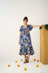 Blue Poly Crepe Flutter sleeves Tropical Floral Print Dress