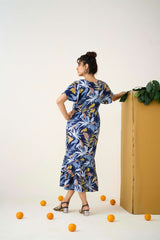 Blue Poly Crepe Flutter sleeves Tropical Floral Print Dress
