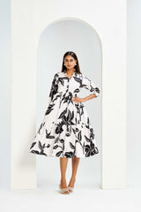 White Poly Rayon Collared Cuff Sleeve Floral Print Calf Length Dress