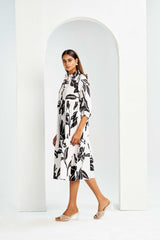 White Poly Rayon Collared Cuff Sleeve Floral Print Calf Length Dress