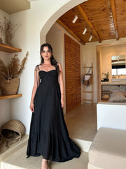 Tied Spaghetti Strap Corset Flare Black Maxi Attire