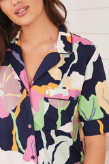 Navy Blue Flower Printed Lounge Wear.