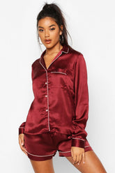 Maroon Solid Satin Lounge Wear.