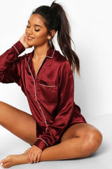 Maroon Solid Satin Lounge Wear.